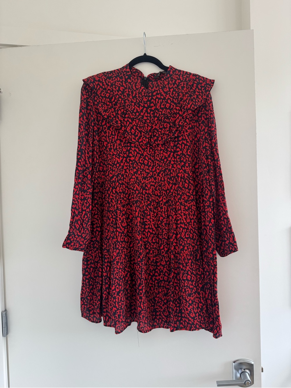Zara Red and Black Printed Long-Sleeve Dress